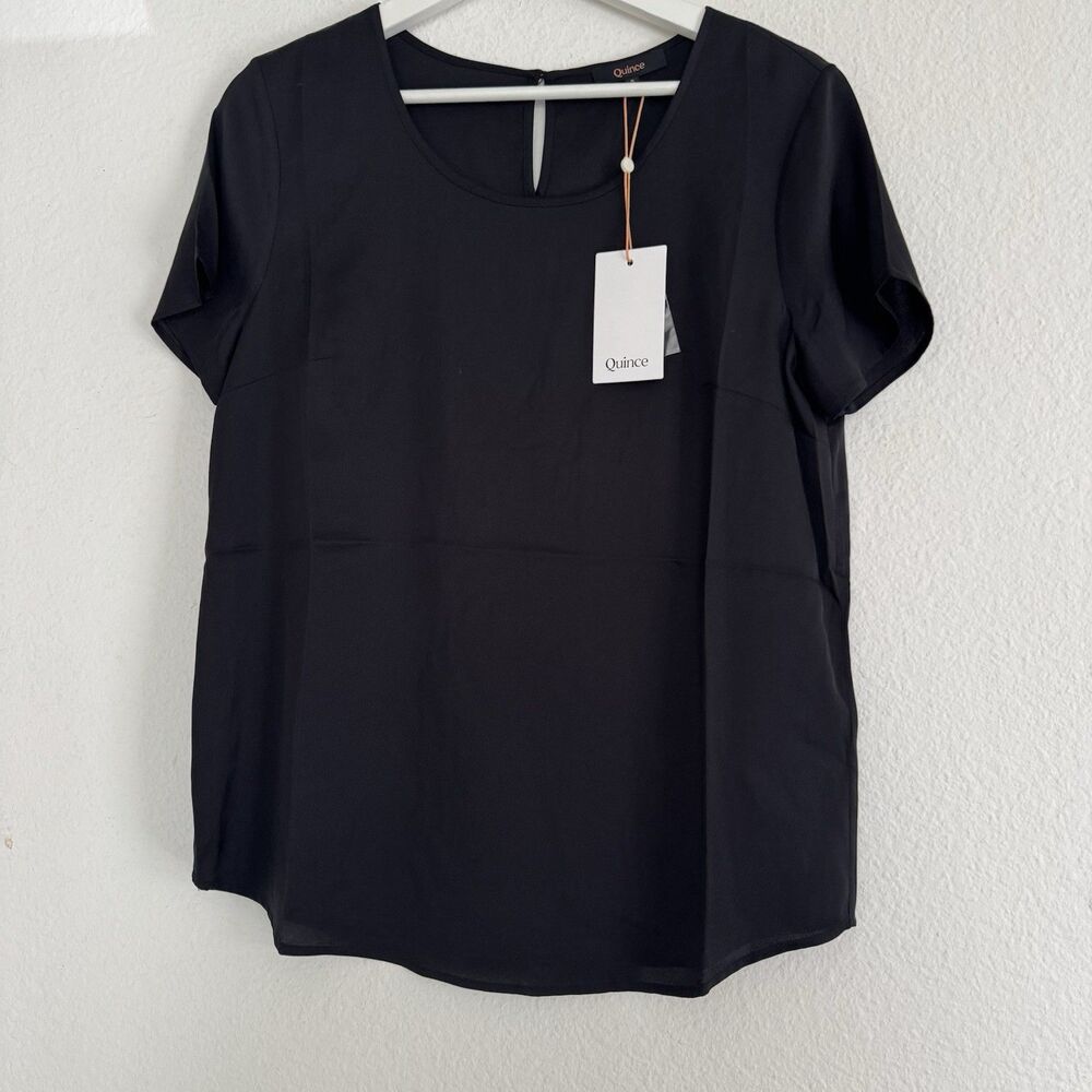 NWT Quince Silk Washable Stretch Tee Black Sz S Minimalist Quiet Luxury Preppy - Picture 3 of 16